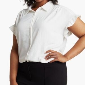 Pleione Crinkle Short Sleeve Ruffle Shirt Medium Ivory